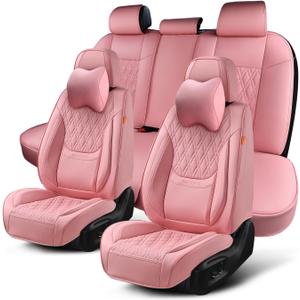 Pink Car Seat Covers Full Set, Breathable Leather Automotive Front and Rear Seat Covers & Headrest, Universal Automotive Vehicle Seat Cover for Most Sedan SUV Pick-up Trucks
