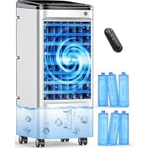 CENSTECH Windowless Portable Air Conditioners w/ 6Ice Packs, 4Modes&3Speeds, 600Sq.ft Swamp Cooler, Dual Tank for 15H Cooling, 12H Timer, 26Ft Remote, 65°Swing Evaporative Air Cooler for Bedroom Indoor