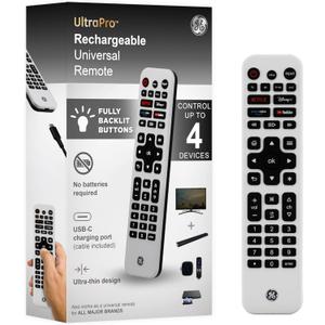 GE Rechargeable TV Remote Control, Universal Remote Control, Backlit Buttons, Samsung TV Remote Control Replacement for Smart TVs, Apple TV, Sony, Roku Replacement Remote, LG TV, 4-Device, 80984