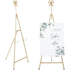 Yaocom 20" x 27" x 53" Gold Easel Stand for Wedding Sign Metal Adjustable Easel Stand with Bow Top Adjustable Tall Height Metal Sign Holder for Display Painting Canvas Welcome Poster Floor Home