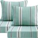 Outdoor Patio Chair Cushions Set, 24" x 24", Set of 2, Water-Repellent, Fade Resistant, Deep Seat Bottom and Back Cushion for Backyard, Couch, Sofa and Patio Furniture, Aqua Stripe