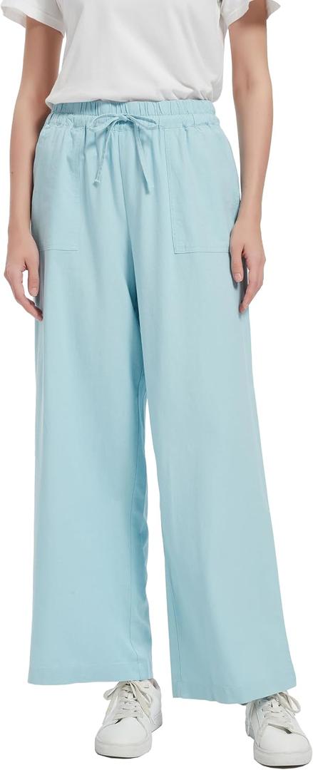Tronjori Women Linen Summer Boho Loose Lounge Palazzo Pants with Drawstring (Blue, S)