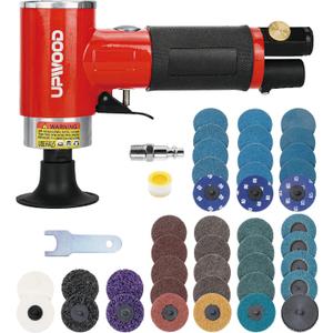 Pneumatic Mini Orbital Sander Grinder Polisher Kit, 2 inch Air Right Angle Surface Prep Tool with 41pcs Roll Lock Discs