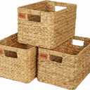 Large Wicker Storage Baskets, Set of 3, Water Hyacinth Basket Organizer, 14.2x10.2x8.7H Inches -Great Storage Solution for Shelf and Pantry Storage