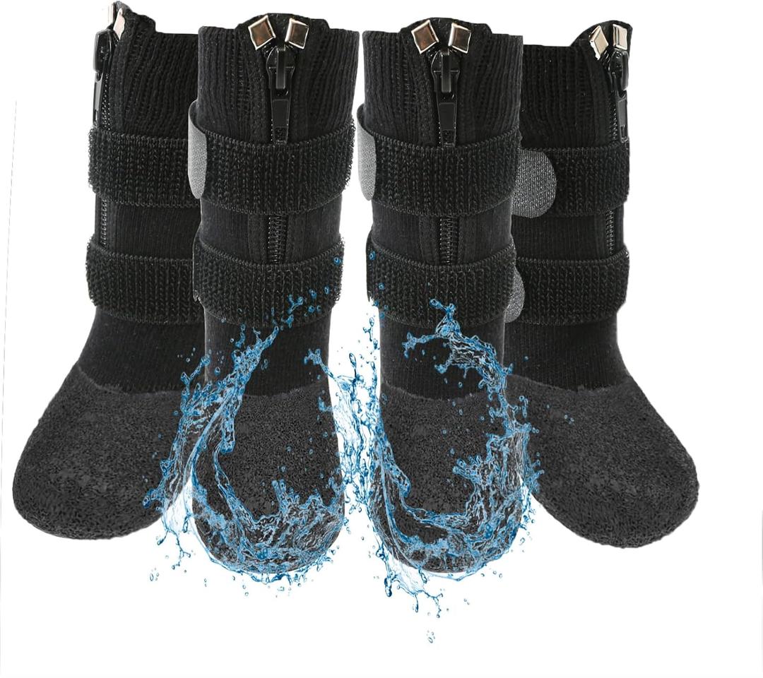 VALFRID Waterproof Grip Dog Shoes,Anti-Slip Dog Socks Boots,Zipper Dogs Booties Paw Protectors for Hardwood Floor,Indoor and Outdoor for Small Medium Large Dogs Black