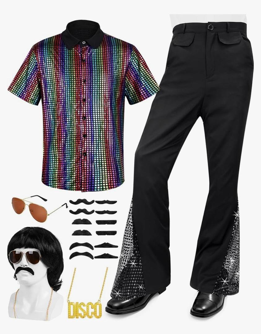 6 PCS Men's 70s Disco Outfit Costume Retro 80s Bell Bottom Pants short Sleeve Shirts Wigs Necklace Moustache Sunglasses, XXXL