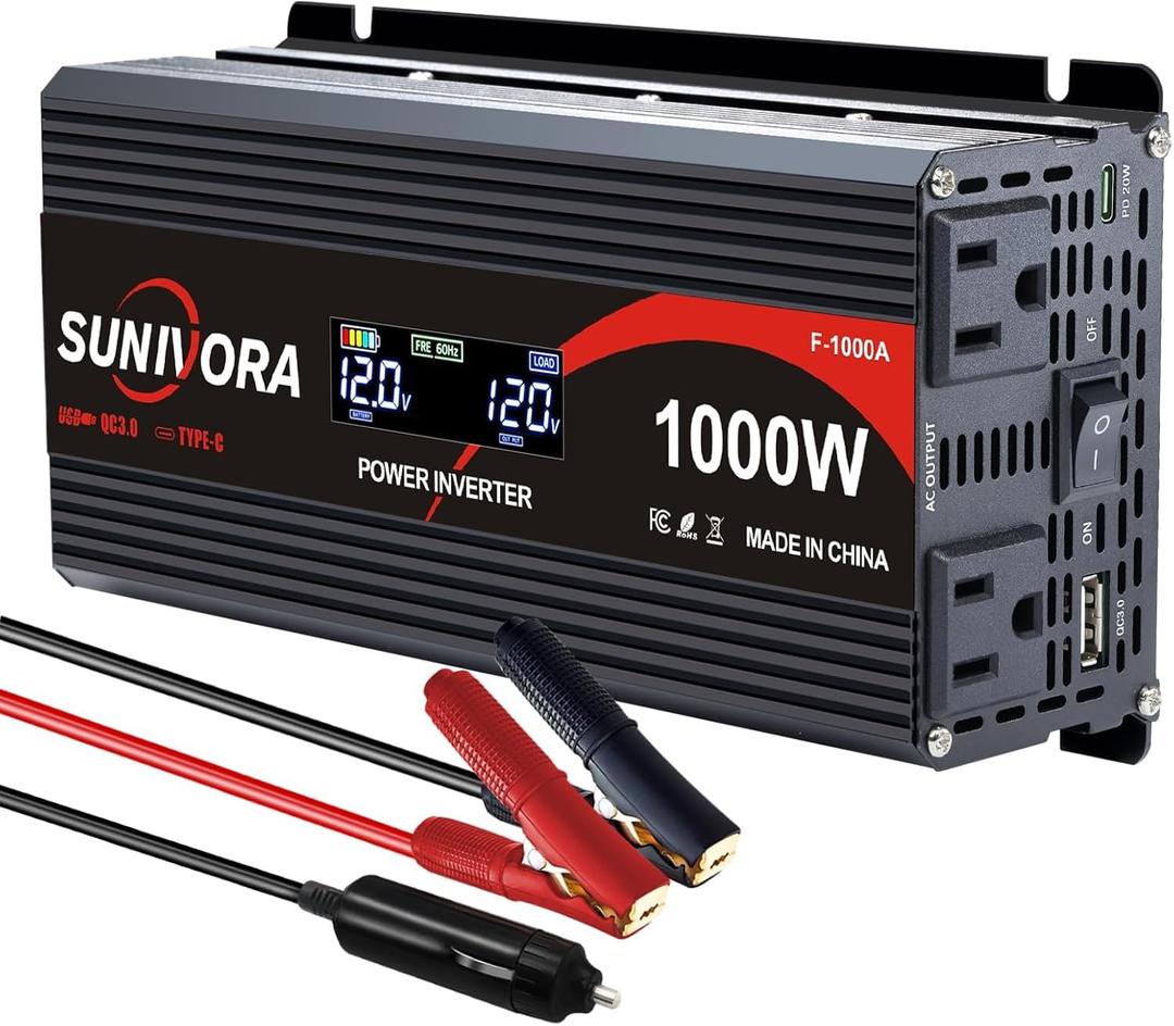 1000 Watt Inverter with LCD Display 12V DC to 110V/120V AC 2000 Watt(Peak) Car Power Inverter with 2 AC Outlets 20W PD USB-C and 18W QC USB-A Power Converter for Car, Laptops, Road Trip (1000W-LCD-Type-C)
