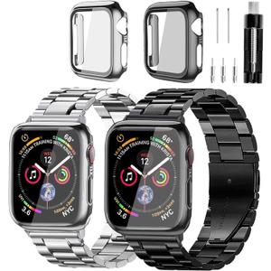 Stainless Steel Band and Case Compatible With Apple Watch Iwatch Ultra Series 11 10 9 8 7 6 5 4 3 2 1 SE 49mm 45mm 46mm 44mm 42mm 41mm 40mm 38mm,Men Women Classic Classy Metal Business (Black&Silver)