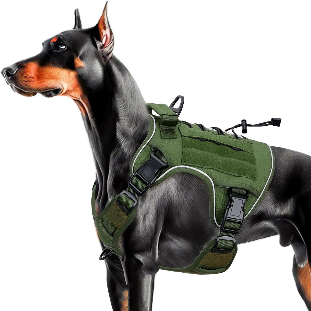 Heavy-Duty Tactical Dog Harness for Large Dogs, No Pull Adjustable Reflective Pet Vest with Molle System, K9 Military-Grade Control for Service Training, Outdoor & 10+ Breeds, Green, Large (L: Neck: 19-25'', Chest: 27-35'')
