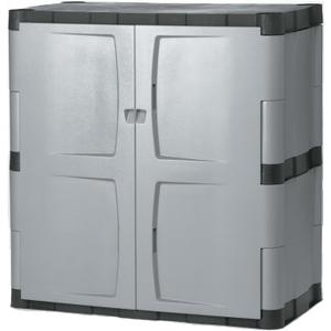 Rubbermaid Freestanding Storage Cabinet with Doors 18"D x 36"W x 37"H Medium Gray/Black Two-Shelf Lockable Cabinet for Indoor/Outdoor/Garage Storage for Garden Tools/Lawn Care Accessories