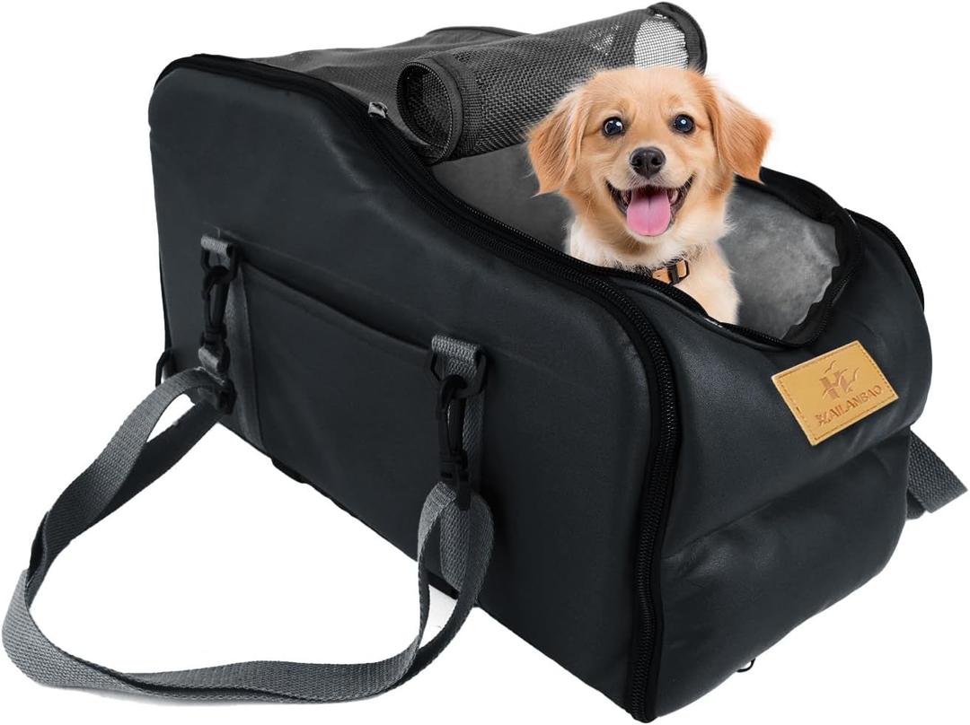 Multipurpose Console Dog Car Seat for Small Dogs & Cats Portable Pet Carrier with Safety Tether & Storage Pockets (Black, Middle)