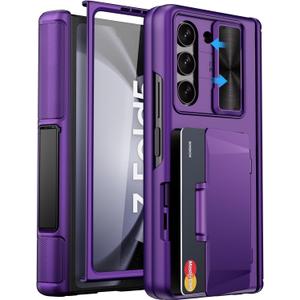 for Galaxy Z Fold 5 Case with Card Holder & Kickstand & Hinge Protection & Sliding Lens Cover, Built-in Screen Protector, Rugged Wallet Phone Case for Samsung Z Fold5, Dark Purple