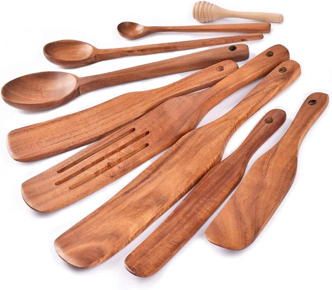 Spurtle Set,Wooden Spurtle Set of 9,Wooden Spoons for Cooking, Natural Teak Wooden Utensils for Cooking, Stirring, Mixing, Serving,Spurtles Kitchen Tools As Seen On Tv