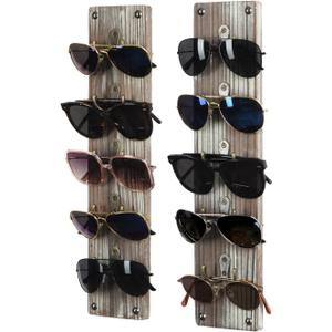 J JACKCUBE DESIGN Rustic Wood Wall Mounted Sunglasses Storage Organizer 10 Eyeglasses Holder Display Rack Set of 2 with 5 Metal Hooks on Each Holder -MK691A