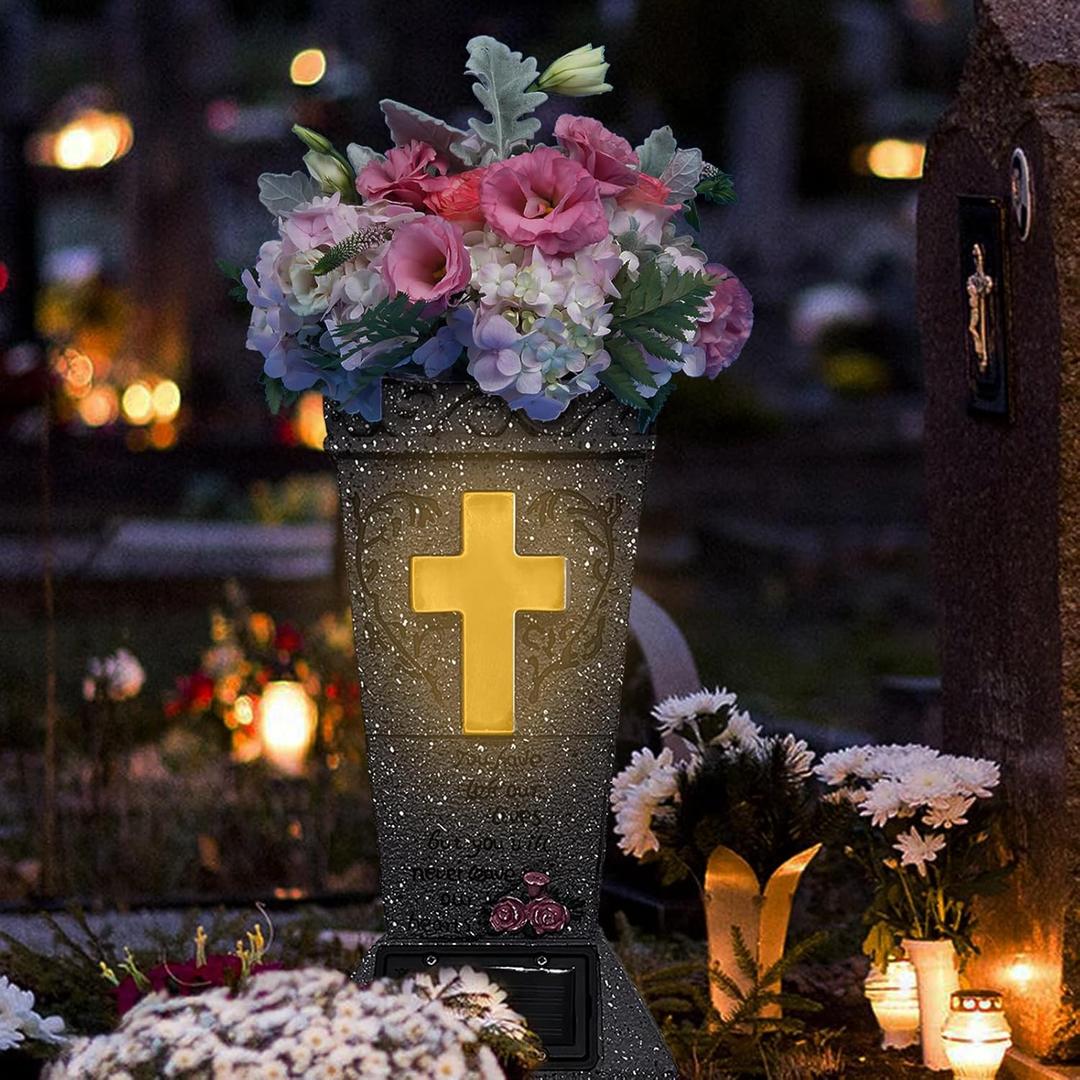 Solar Cemetery Vase with LED Cross Lamp Memorial Flower Holder with Spike Headstones Vases Gravestone Garden Decorations Condolence Gifts for Loss of Loved One (Warm Light Cross)