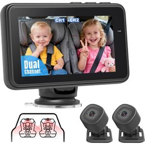 Baby Car Camera for 2 Kids - 4.3" Dual Channel Car Baby Monitor with Split Screen,Night Vision, Wide View, Easy Install Rear Facing Backseat Camera for Baby