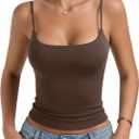 PINKMSTYLE Tank Tops for Women Built in Bra Backless Basic Double Lined Summer Spaghetti Strap Sleeveless Cami Workout Shirts (Brown)