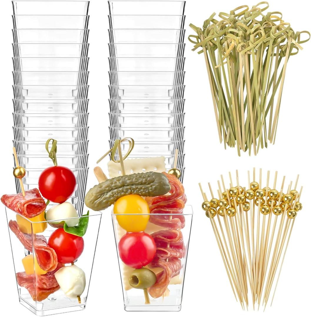 Zezzxu 50 Sets 5 oz Plastic Charcuterie Cups with 100 Sticks, Square Appetizer Cups with Cocktail Picks Mini Party Serving Cups for Fruit, Snack, Dessert