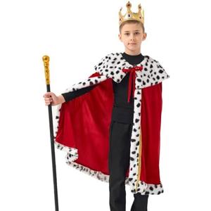 FUUNTATO King Costume For Boys Red Royal King’s Cloak with Crown And Scepter Set Luxurious Velvet Cape with Faux Fur Trim, M (heights 4'7" to 5'7")