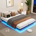Queen Size Floating Metal Bed Frame with Smart LED Lights & Charging Station, Metal Platform Bed Base No Box Spring Needed, Easy Assembly, Noise Free
