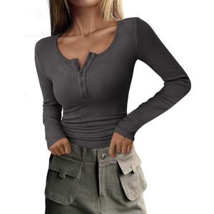 PRETTYGARDEN Women's 2025 Summer Fall Long Sleeve Henley T Shirts Button Ribbed Knit Slim Fit Casual Basic Tops Blouse (X-Large, Dark Grey)