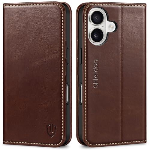 SHIELDON Case for iPhone 16 5G, Genuine Leather Foldable Wallet Magnetic Cover Kickstand RFID Blocking Credit Card Holder Shockproof Phone Case Compatible with iPhone 16 6.1" 2024 - Retro Coffee