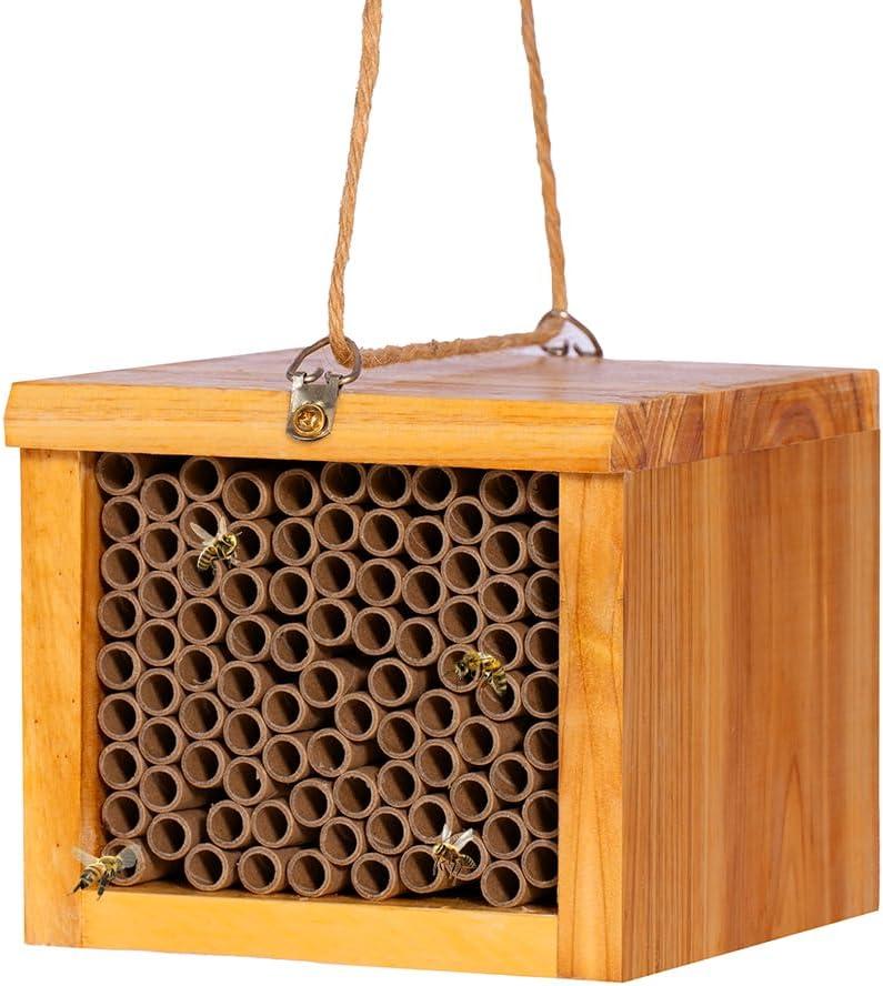 Mason Bee House - Wax Coated Bee Hotel for the Garden, Natural Handmade Wooden Insect Hotel, Mason Bee Home for Outdoors, Attracts Peaceful Bee Pollinators to Your Garden