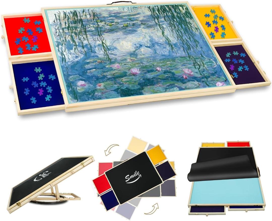 Premium Professional Puzzle Board Tilting & Rotating with Storage Drawers, Rotating Lazy Susan, Rubber Cover Mat, Wooden Portable Storage Jigsaw Puzzle Table with Handle (Multi Colour, 1500 pcs)