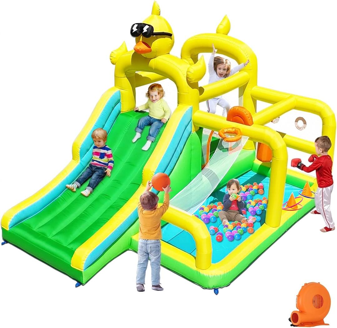 Duck Bounce House with Extra Wide Slide, Climb Wall & 2in1 Pool
Jumping House for Toddlers with Wide Climbing Wall, Basketball Hoop, Ring Toss, and Punching Bag for Indoor/Outdoor Play