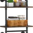 Helsin Industrial Pipe Floating Bathroom Shelves Wall Mounted with Towel bar, 2 Tier Rustic Wood Wall Shelf, 16inch Metal Towel Rack Storage Bookshelf for Bathroom, Kitchen, Farmhouse, Living Room (Brown)