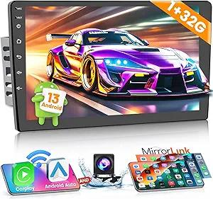 Hikity Android 13 Double Din Car Stereo Wireless Carplay Android Auto Radio, 9 Inch Touch Screen Car Audio Receiver with Bluetooth, HiFi, GPS Navigation, WiFi, AHD Backup Camera MIC