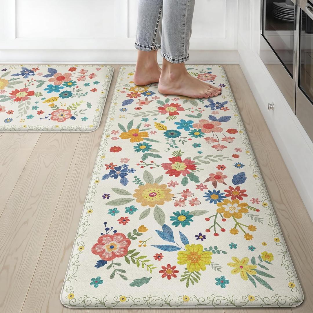 GENIMO Kitchen Mats for Floor 2PCS, Cushioned Kitchen Rugs Non Slip Washable, Anti Fatigue Mat Waterproof, Comfort Standing Mat Rug for Office, Home, Sink, Laundry, 17.3"x47"+17.3"x30", SoftWhite