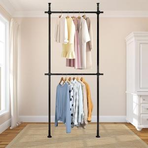 Heavy Duty Double Bar Clothing Rack  Adjustable Floor-to-Ceiling Clothes Rack, 2 Crossbars 220 lbs Capacity Each, Heavy-Duty Carbon Steel, No-Drill Installation, for Laundry Room, Bedroom & Boutique