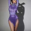 Women's Latin Dance Leotard Pole Dance Performance Costume Sequins Tassel Bodysuit Birthday Cocktail Party Dresses (Purple, S)
