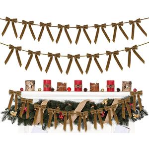 2 x Christmas Velvet Bows Garland, 10ft Pre-Strung Christmas Garland Banner with 15 Bows, Indoor Vintage Elegant Velvet Ornaments Home Decor Decorations for Mantle Tree Party Wall Office, Khaki Brown/Tan