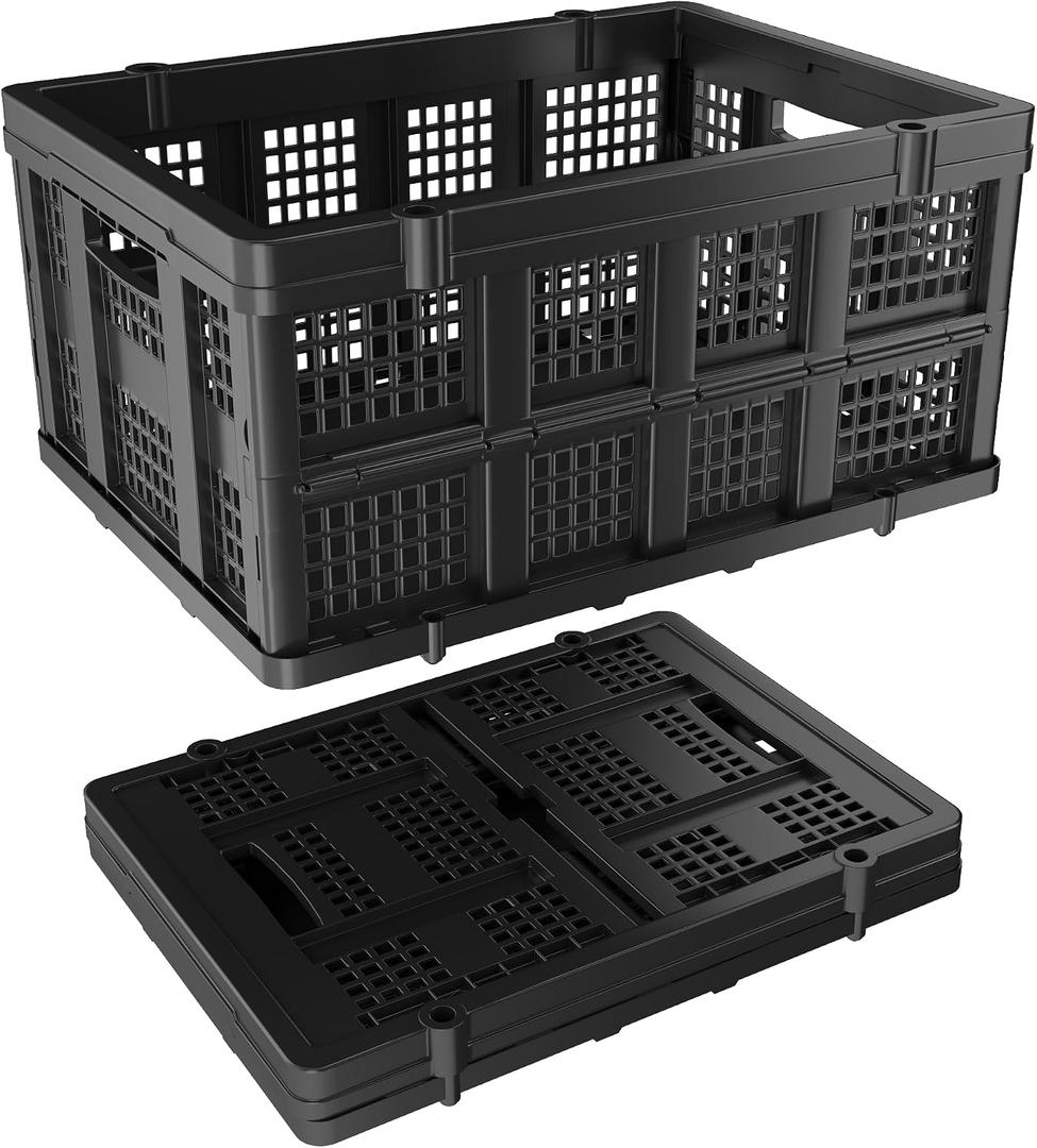 Collapsible Storage Crates | Stackable Storage Baskets | Plastic Folding Crates with Handles | Foldable Crate Suitable for Shopping Cart, Groceries, Warehouse,Supermarket, Black
