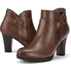mysoft Women's Zipper Booties Chunky Stacked Heel Ankle Boots Buckle Strap Ankle (8.5, Dark Brown)