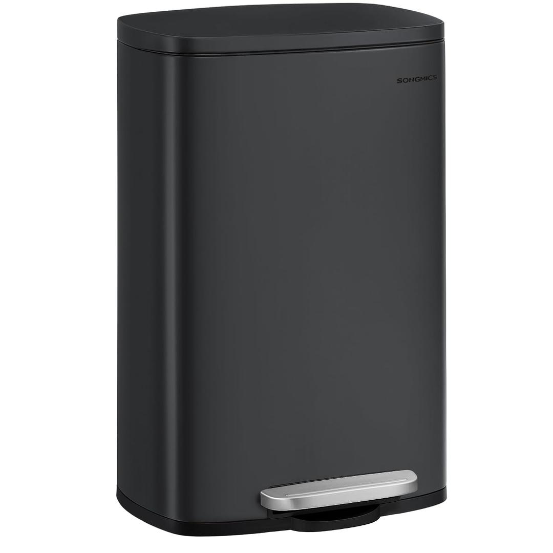 SONGMICS 13 Gallon (50 L) Trash Can, Stainless Steel Kitchen Garbage Can, Recycling or Waste Bin, Soft Close, Step-On Pedal, Removable Inner Bucket, Black ULTB050B01