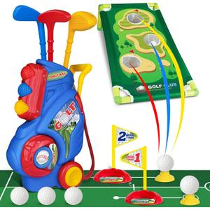 Toddler Golf Set for Boys Girls 1 2 3 4 Years Old, Upgraded Kids Golf Cart with Putting Mat & Cornhole Board, Outdoor Indoor Sports Toys, Blue