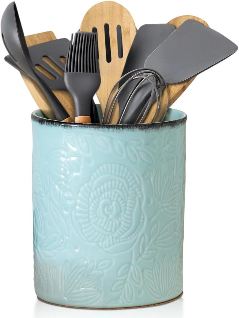 Comfify Large Ceramic Kitchen Utensil Holder With Vintage Farmhouse Floral Pattern - Elegant Turquoise Blue Decorative Crock for Countertop Organization - Organizer for Tools, Spatulas, Spoons & More