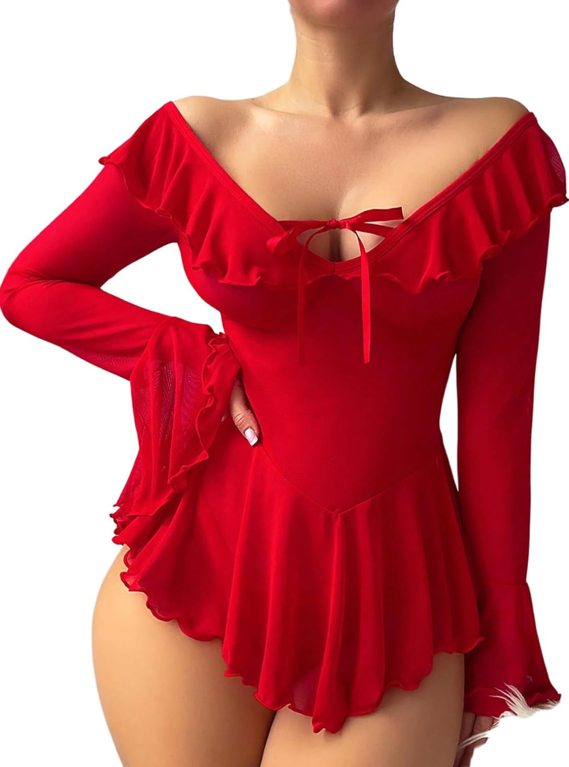 OYOANGLE Women's 2 Piece Off Shoulder Long Sleeve Sheer Nightgowns with Thongs Babydoll Lingerie Set L