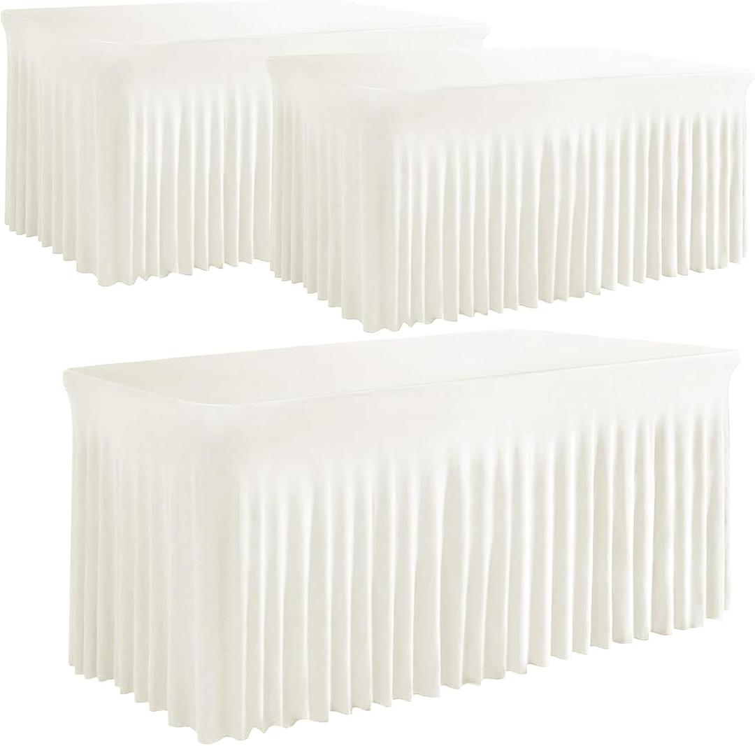 3 Pack White Table Skirt, Wrinkle-Free Spandex Table Covers 6ft, Elastic Fitted Washable Tablecloth for Rectangle Tables for Wedding, Banquet, Party, Events