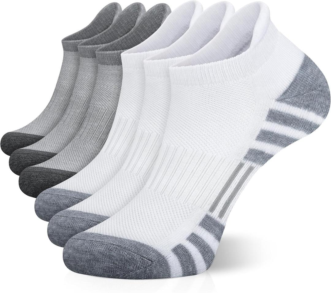 Airacker Ankle Athletic Running Socks Cushioned Breathable Low Cut Sports Tab Socks for Men and Women (6 Pairs) (9-12, White&grey)