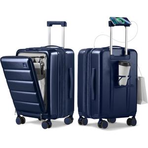 Expandable 20Inch Carry On Luggage Airline Approved - Front Pocket Travel Suitcase 100% PC Unbreakable -with Cup Holder,USB Charge,Side Pothook, 360°Spinner Wheels, TSA Lock-Navy Blue, 20 Inch-EXT