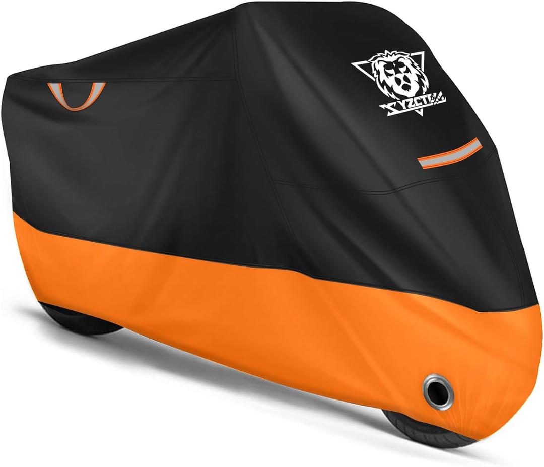 XYZCTEM Motorcycle Cover Waterproof Outdoor All Season Protection Motorcycle Storage Night Reflective Handles with Lock-Holes Storage Bag Fits up to 108" Motorcycle Vehicle Covers, Black&Orange XYZCTEM Motorcycle Cover Waterproof Outdoor All Season Protection Motorcycle Storage Night Reflective Handles with Lock-Holes Storage Bag Fits up to 108" Motorcycle Vehicle Covers, Black&Orange