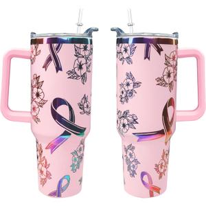 40 oz Breast Cancer Awareness Tumbler Gifts for Woman 40oz Laser Engraving Glitter Pink Ribbon Tumbler with Lid Straw Double Insulated Stainless Steel Insulated Cup