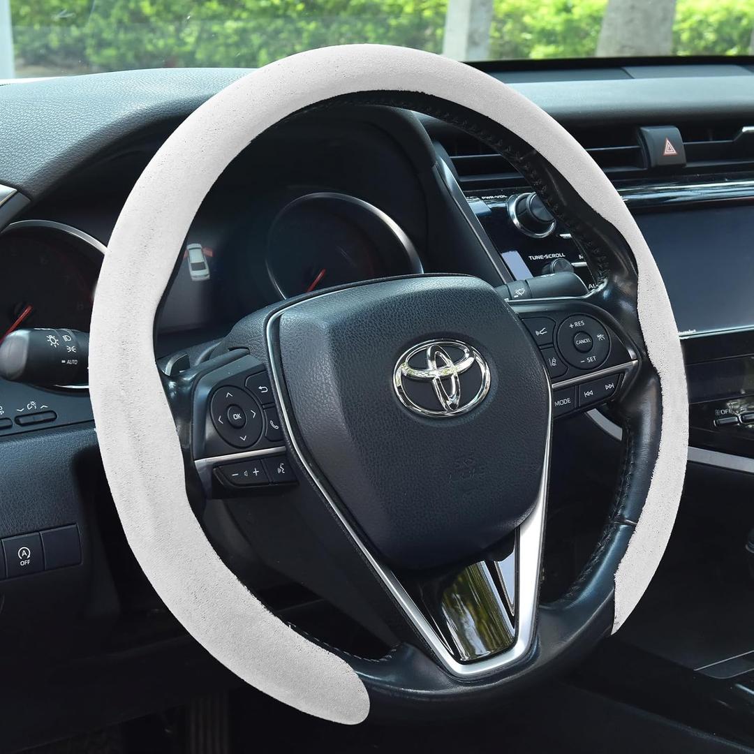 Suede Steering Wheel Cover, Universal 15 Inch Car Steering Wheel Cover, Non-Slip Design, Breathable, Car Interior Accessories White
