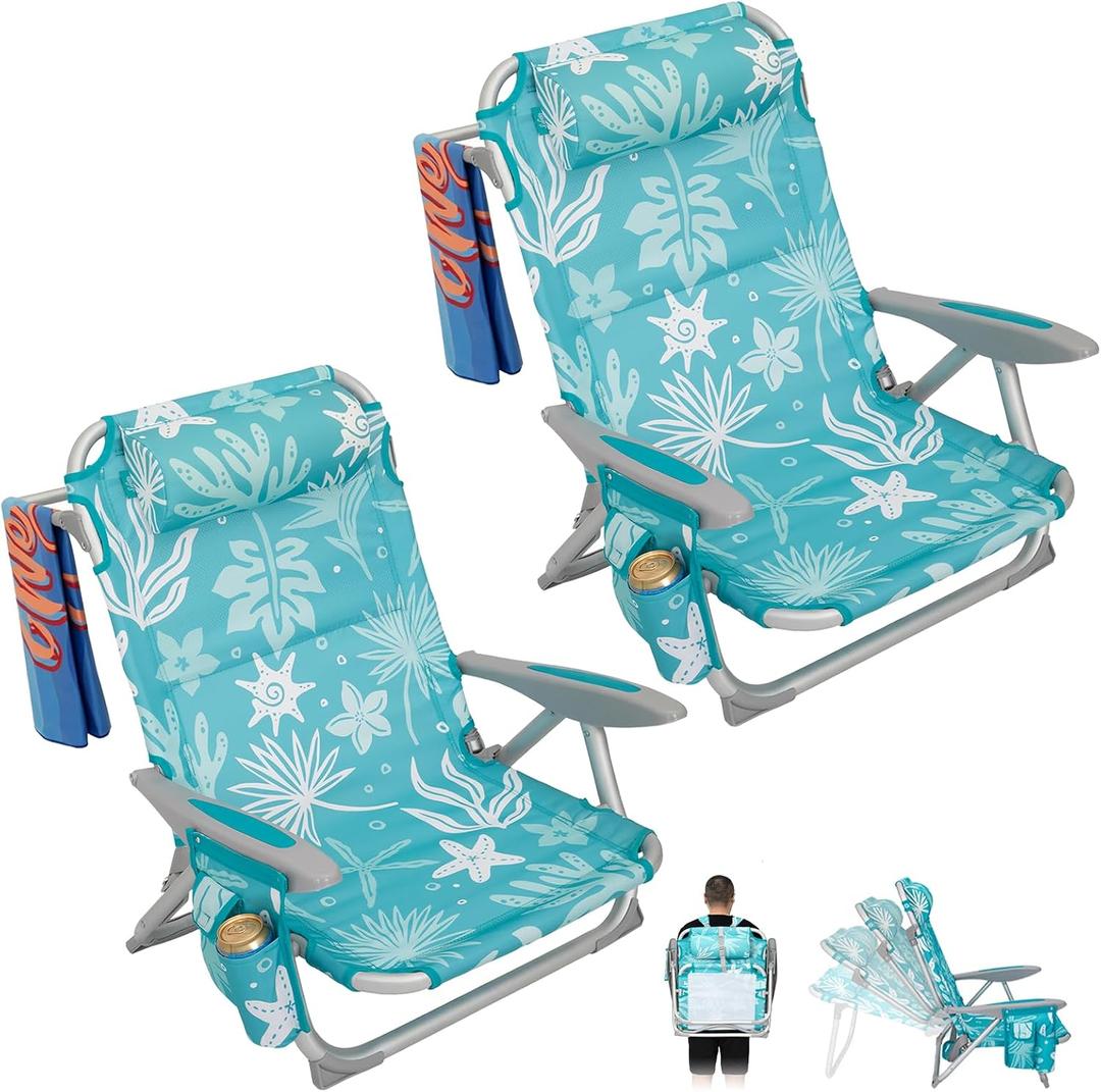 WEJOY Beach Chair for Adults, Reclining Adjustable Position,Lay Flat Lightweight Folding Portable Aluminum Chair with Backpack Straps,Padded headrest, Heavy Duty 400 lbs Lawn Chair for Beach, 2 Pack, Oversized