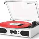 VinylsLink Vinyl Record Player with Built-in Stereo Speakers and Bass Adjust, Portable Vintage 3-Speed Belt-Driven, Bluetooth Input, RCA Line Out AUX in Headphone Jack, White Wood