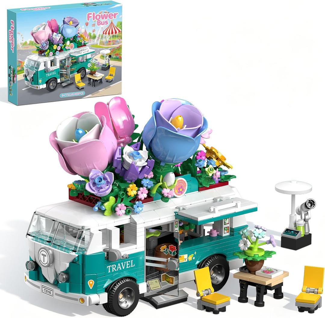 Flower Car Building Block Set, City Camper Van Building Set Botanical Collection Flowers Vehicles Blocks Toys Friends Creative Gift for Boys Girls 6-12 Years Old (862 pcs)